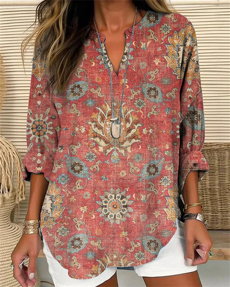 Simple Loose Cotton-Blend Floral Shirt