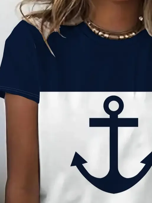 Women's Anchor Print Casual Round Neck Short Sleeve T-Shirt