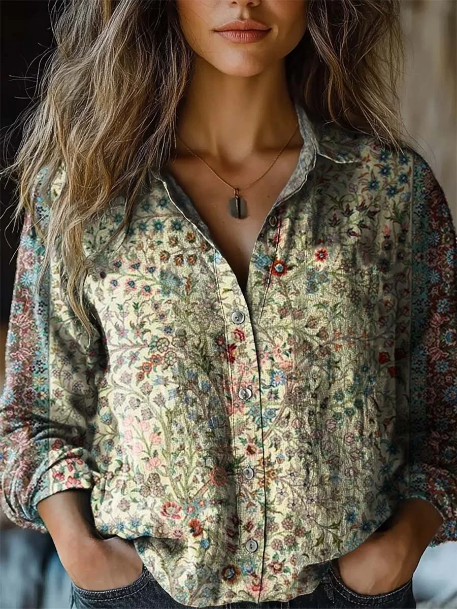Women's vintage floral print casual long sleeve comfortable shirt