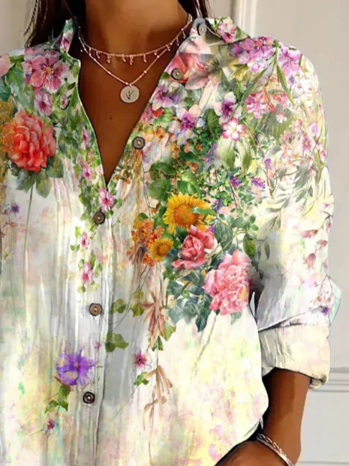 Women's Watercolor Art Floral Print Long Sleeve Shirt