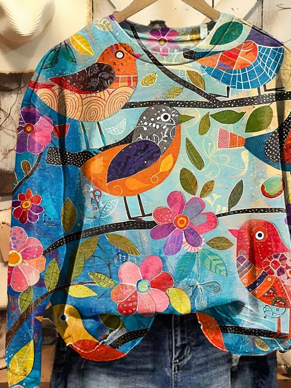 Women's Vintage Art Bird Floral Print Sweatshirt