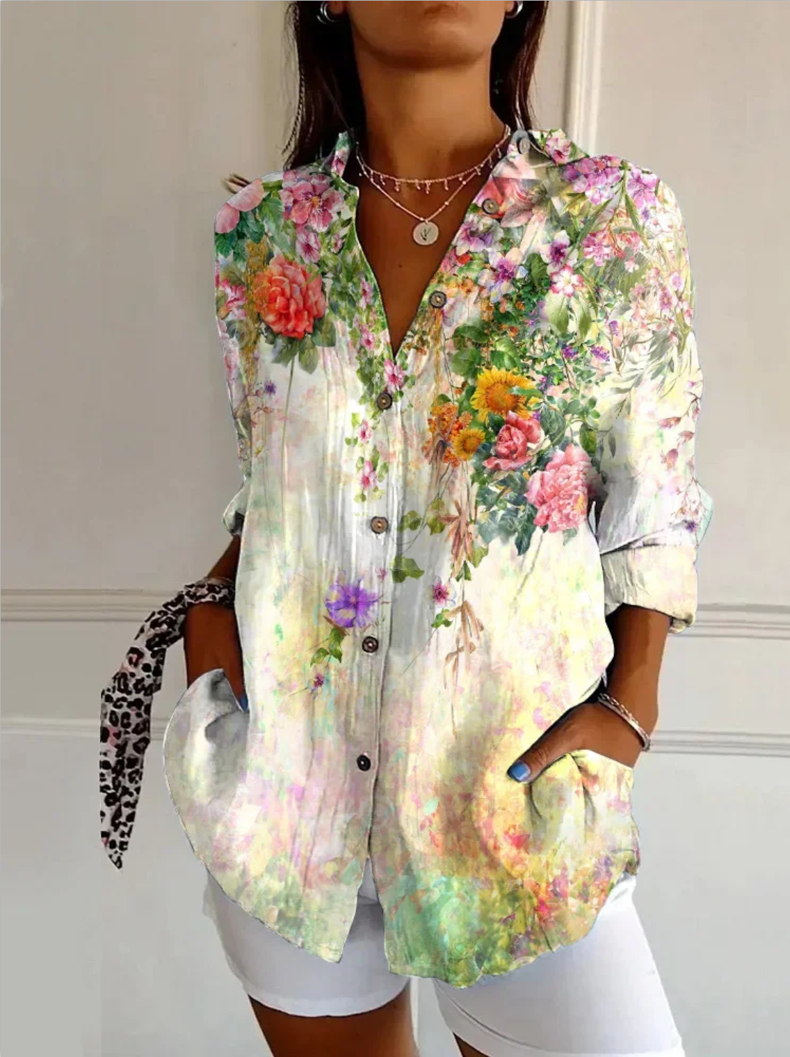 Women's Watercolor Art Floral Print Long Sleeve Shirt