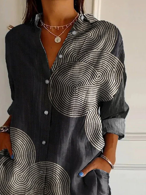 Women's Artistic Geometric Lines Printed Long Sleeve Shirt