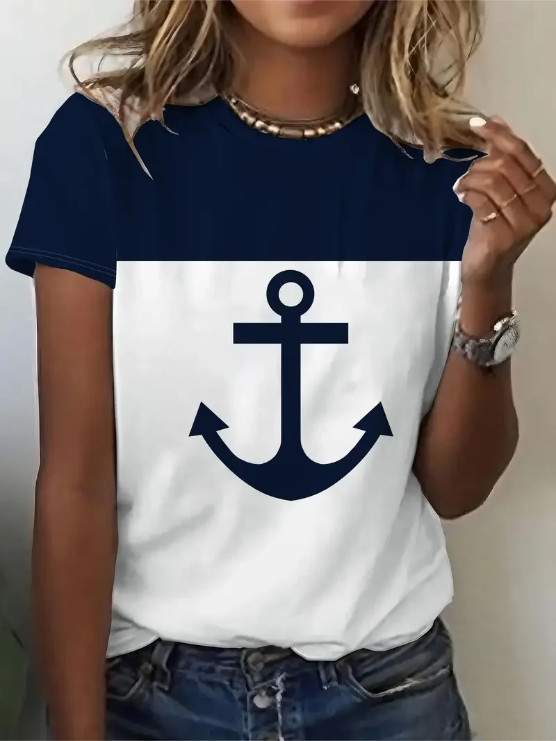 Women's Anchor Print Casual Round Neck Short Sleeve T-Shirt