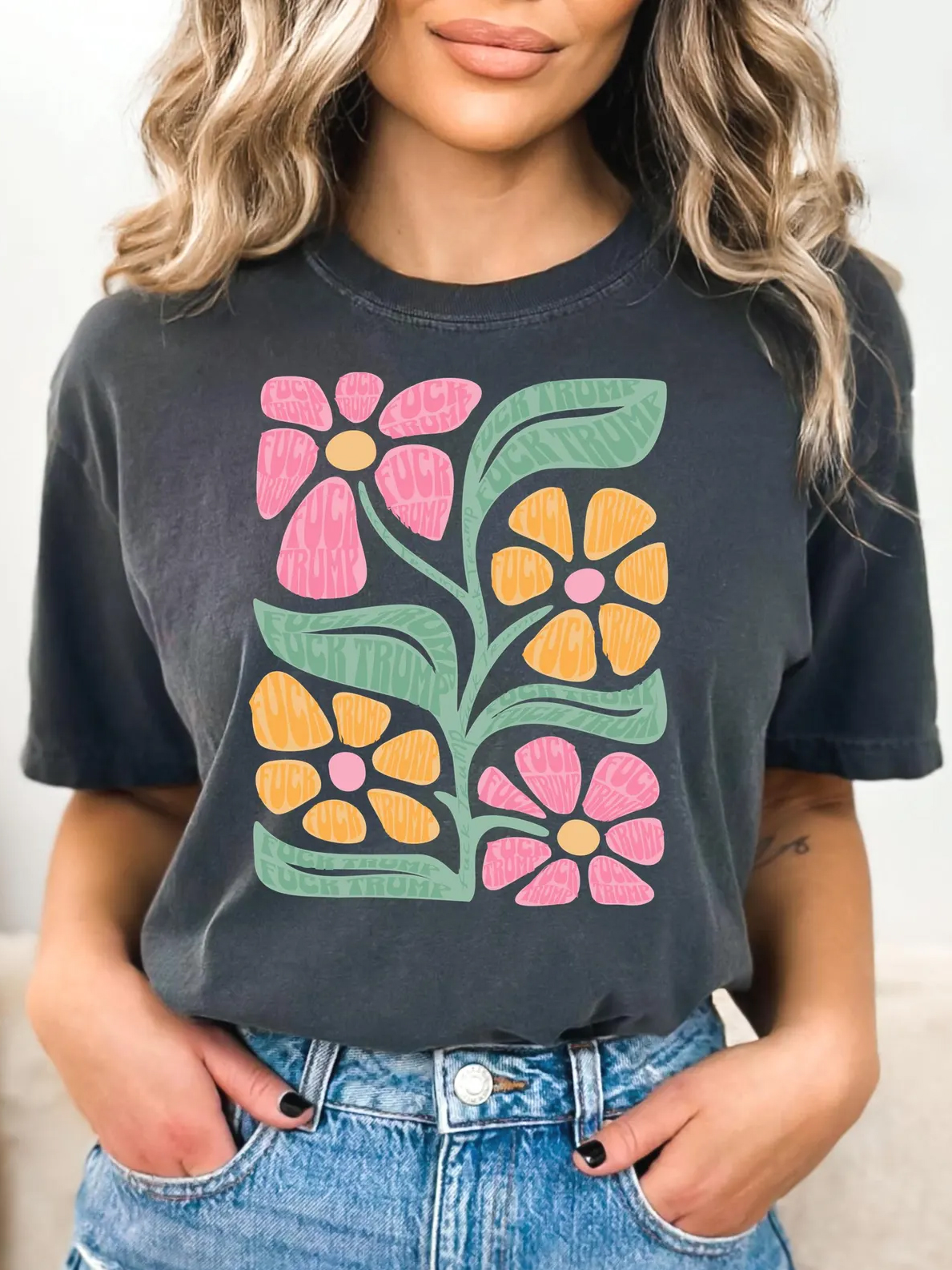 Subtle Fuck Trump Flower Tee, Progressive Liberal Flower T-shirt