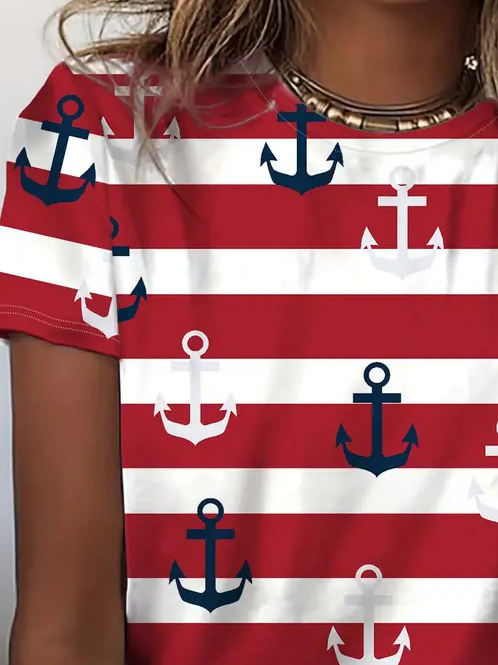 Women's Anchor Stripe Print Casual Round Neck Short Sleeve T-Shirt