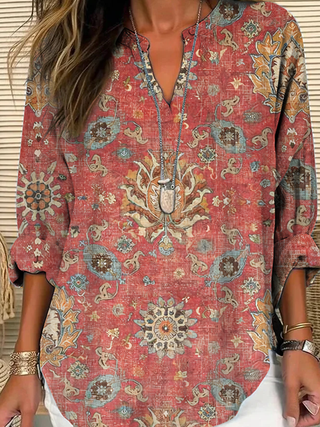 Simple Loose Cotton-Blend Floral Shirt