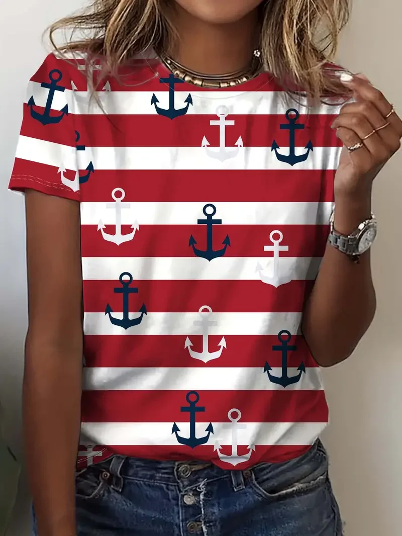 Women's Anchor Stripe Print Casual Round Neck Short Sleeve T-Shirt
