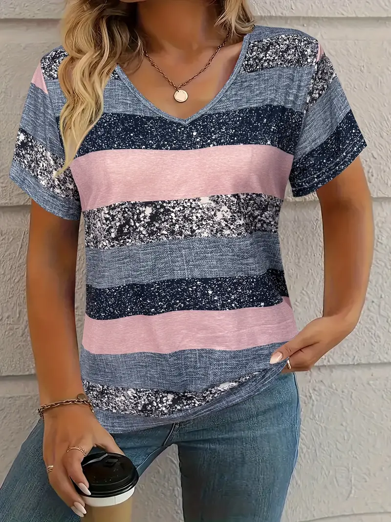 Women's Striped Printed Casual V-neck Short-Sleeved T-shirt