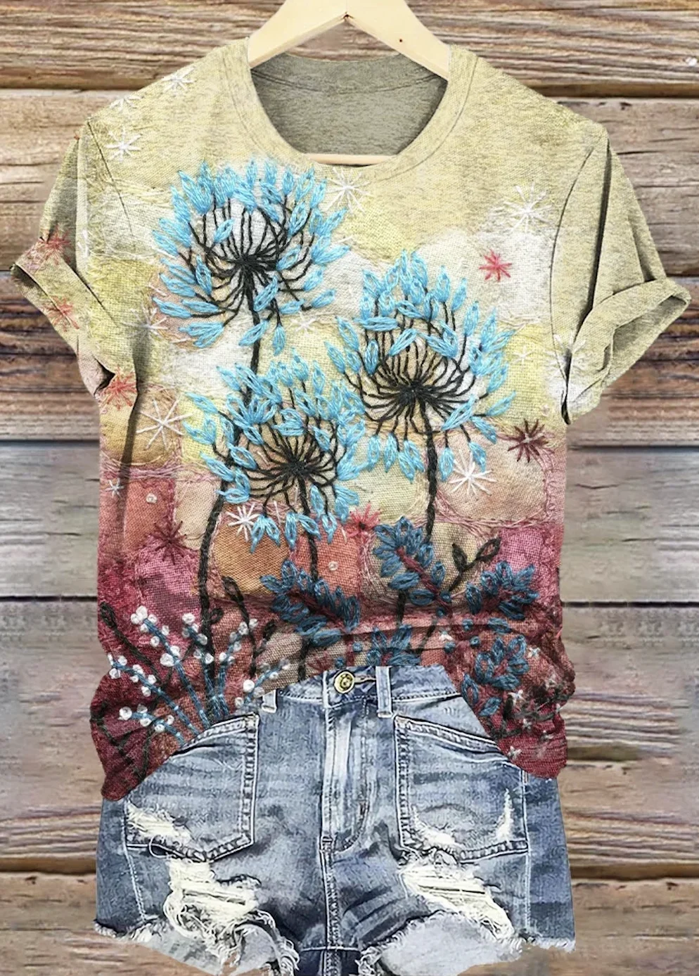 Crew Neck Casual Floral T-Shirt