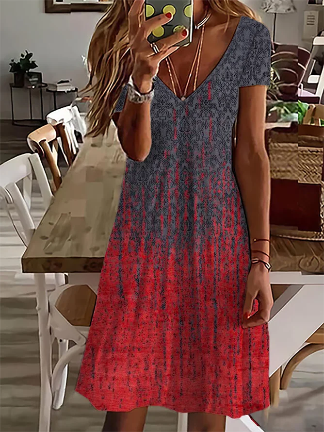 Vintage Gradient Pattern Loose V Neck Dress With No