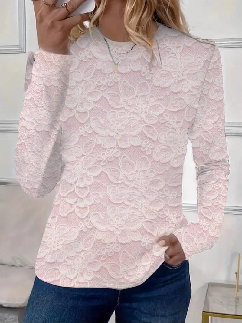 Women's Long Sleeve T-shirt Spring/Fall Pink Floral Printing Jersey Crew Neck Daily Going Out Casual Top