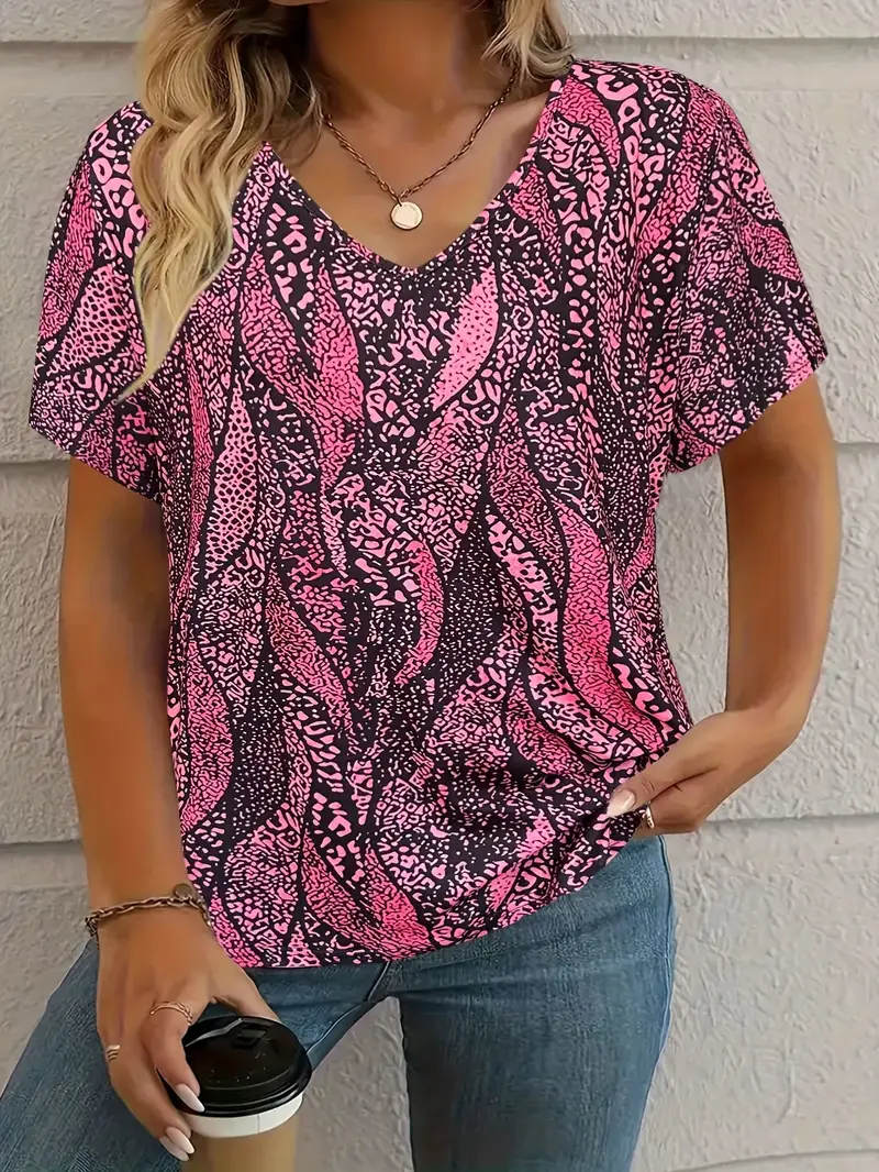 Women's Leopard Print Casual V-Neck Short Sleeve T-Shirt