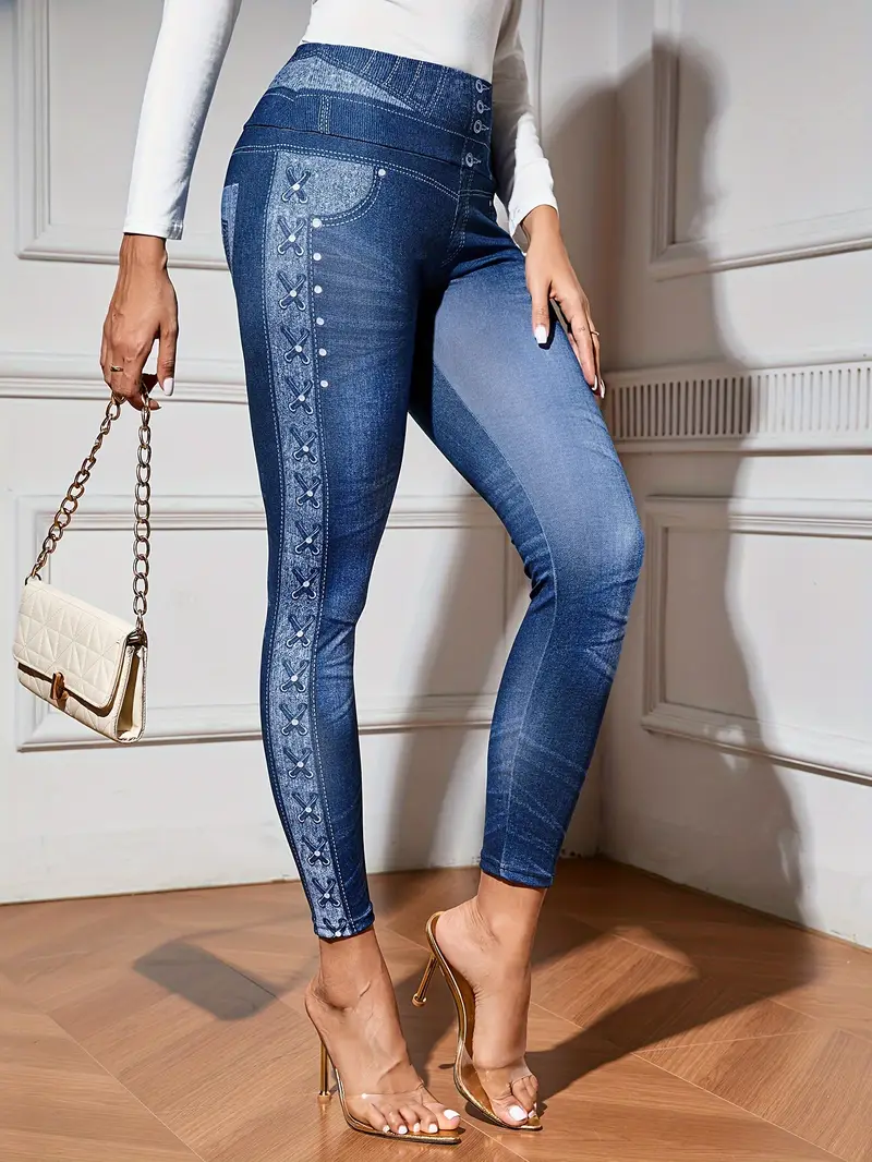 Women's Faux Simulated Denim Printed Spring Casual Leggings