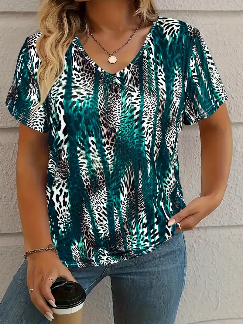 Women's Leopard Print Casual V-Neck Short Sleeve T-Shirt