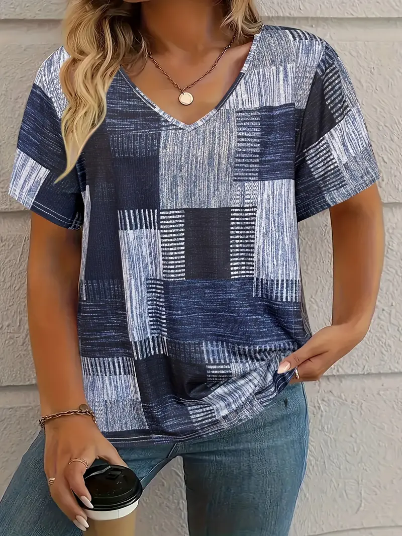 Women's Plaid Color Block Printed Casual V-neck Short-Sleeved T-shirt