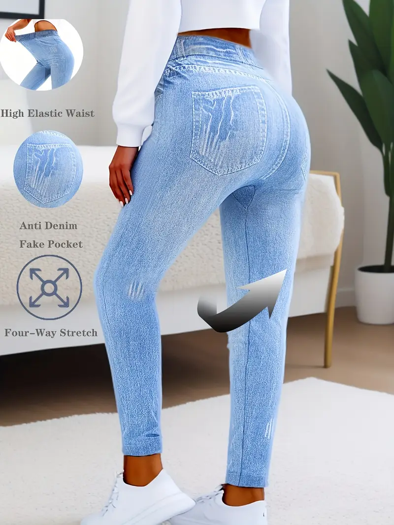 Women's Faux Simulated Denim Printed Spring Casual Leggings