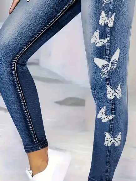 Women's Faux Simulated Denim Printed Spring Casual Leggings