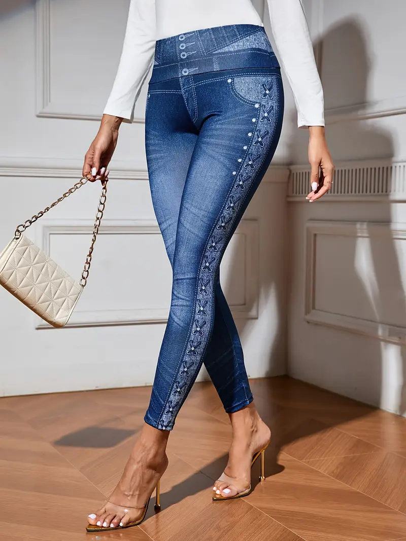 Women's Faux Simulated Denim Printed Spring Casual Leggings