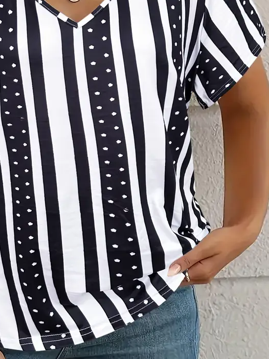 Women's Striped Print Casual V-neck Short-Sleeved T-shirt