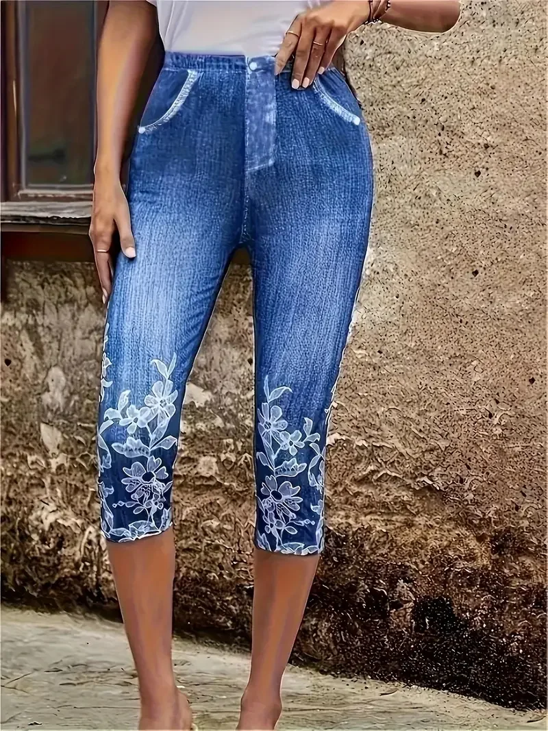 Women's Faux Simulated Denim Printed Spring Casual Leggings