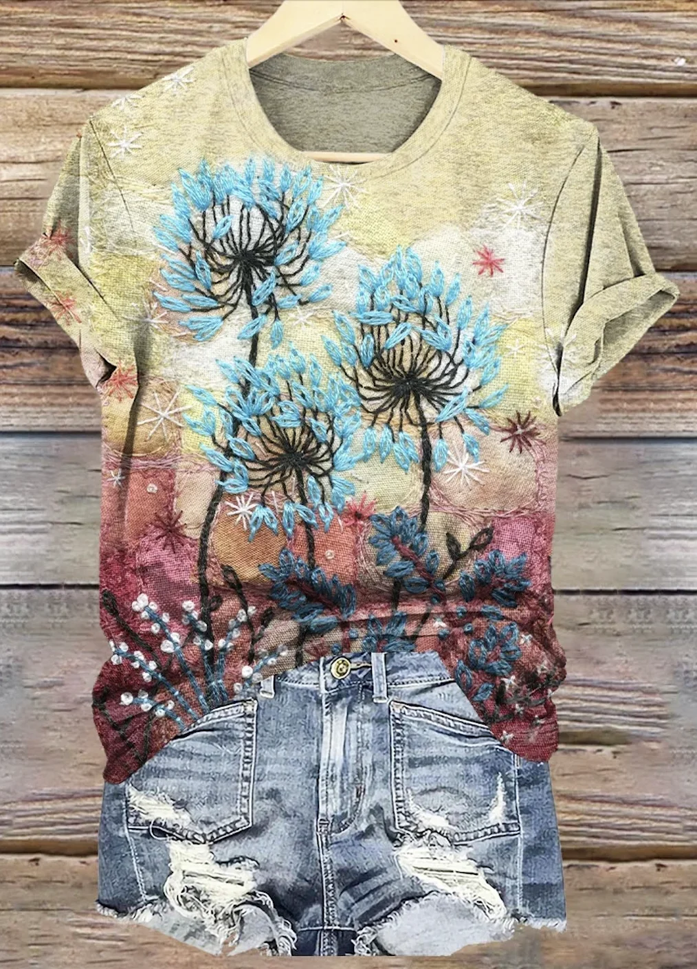 Crew Neck Casual Floral T-Shirt