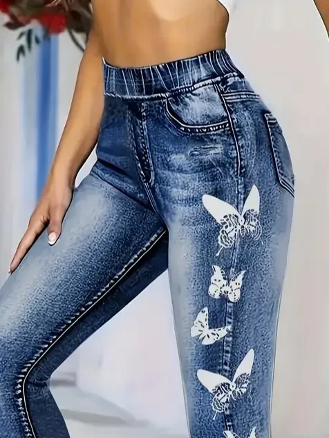 Women's Faux Simulated Denim Printed Spring Casual Leggings