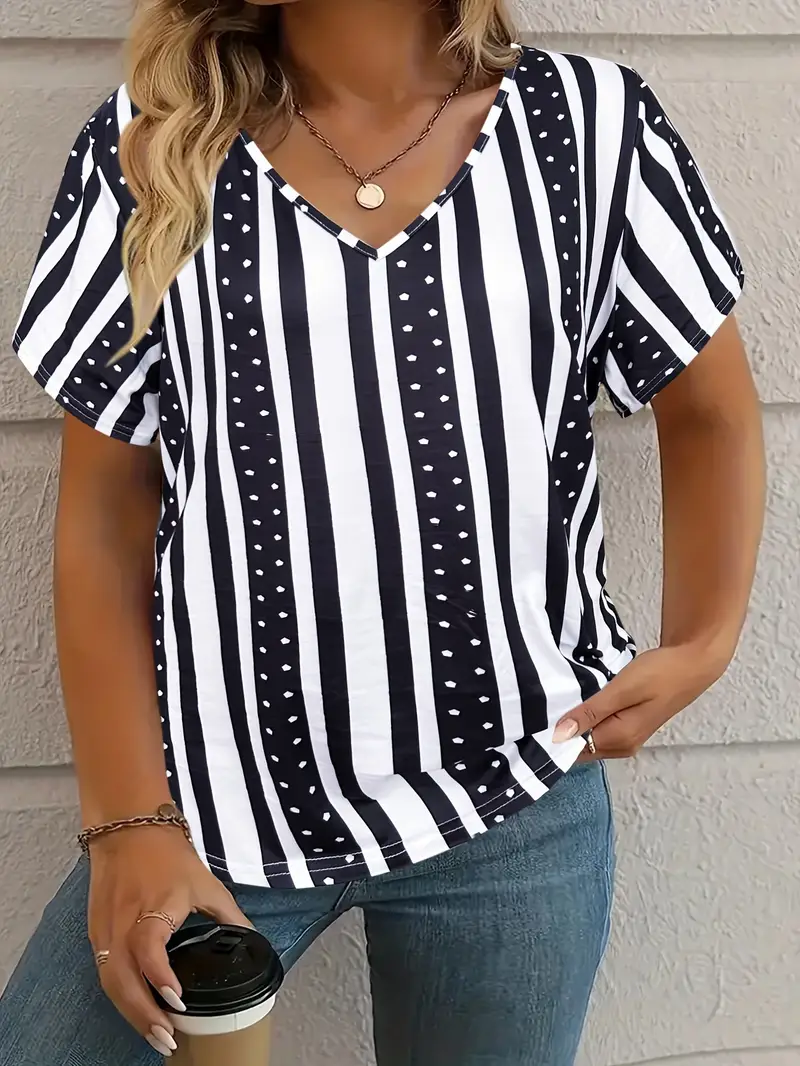 Women's Striped Print Casual V-neck Short-Sleeved T-shirt