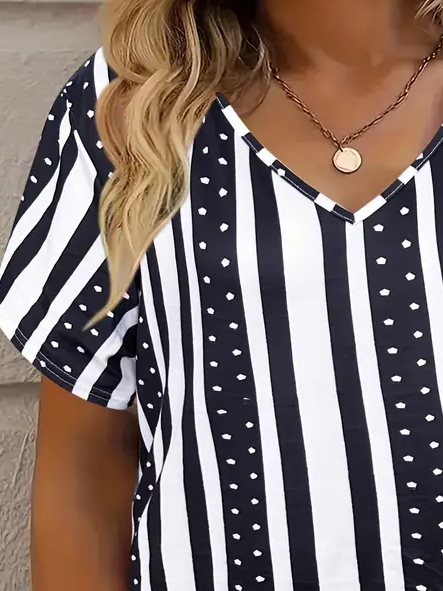 Women's Striped Print Casual V-neck Short-Sleeved T-shirt