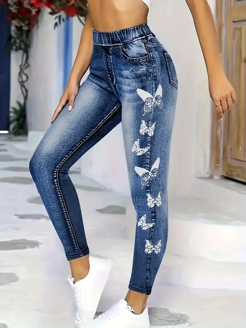 Women's Faux Simulated Denim Printed Spring Casual Leggings