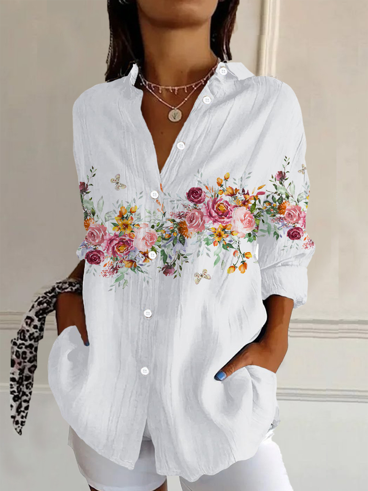 Women's Long Sleeve Shirt Spring/Fall White Floral Buckle Shirt Collar Daily Going Out Casual Top