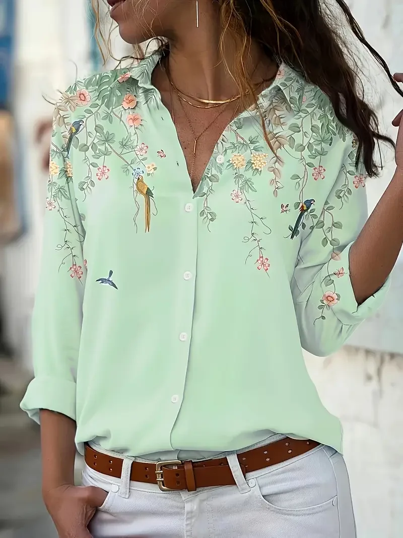 Women's Floral Spring Print Casual Long Sleeve Shirt