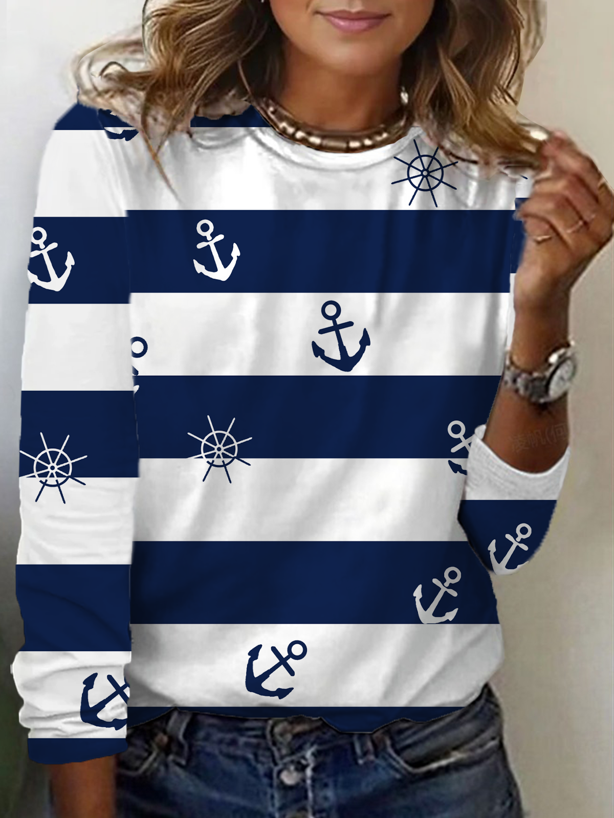 Women's Long Sleeve T-shirt Spring/Fall Navy Blue Anchor Printing Jersey Crew Neck Daily Going Out Casual Top