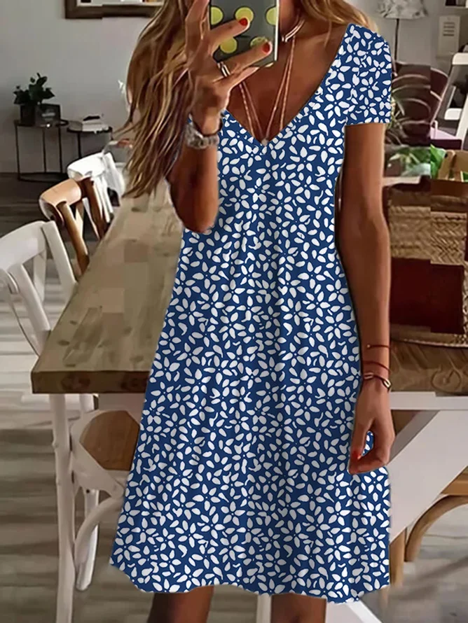 Cotton-Blend Casual V Neck Dress With No