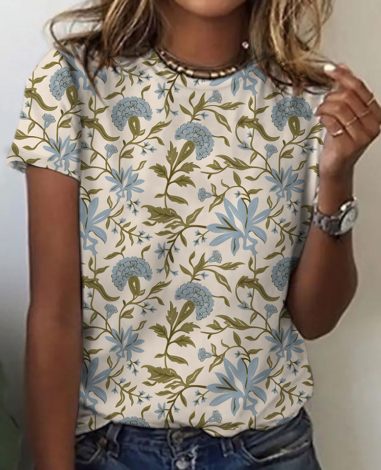 Floral Contrast Short-Sleeved Top Cotton T-Shirt