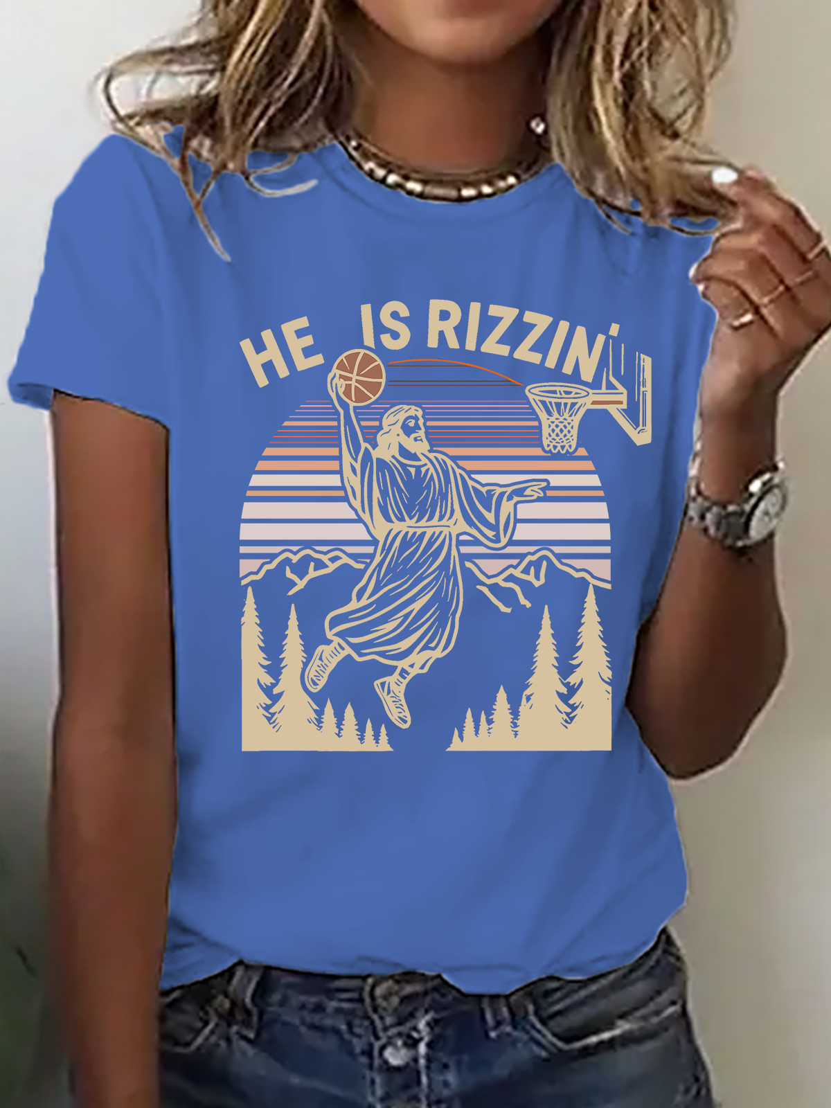 He Is Rizzin' Funny Jesus Playing Basketball Cotton T-Shirt