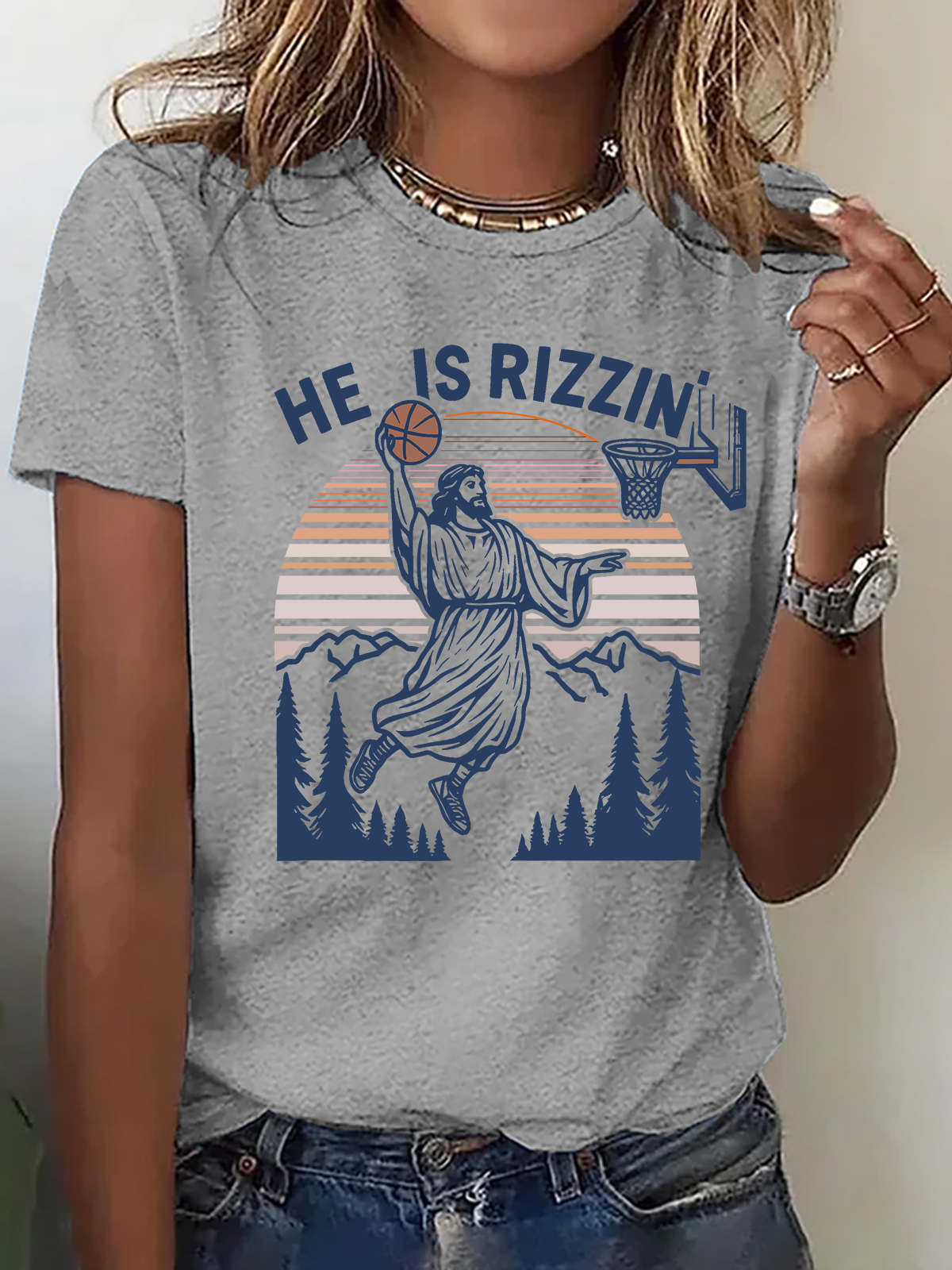 He Is Rizzin' Funny Jesus Playing Basketball Cotton T-Shirt