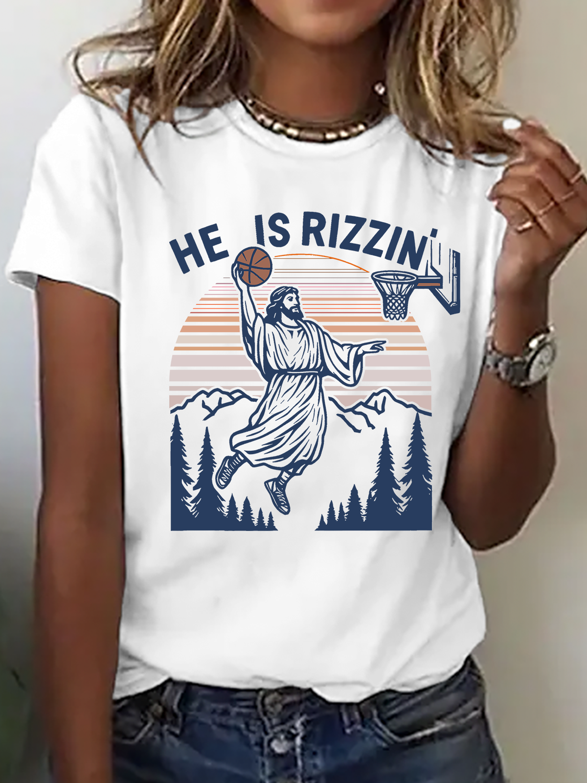 He Is Rizzin' Funny Jesus Playing Basketball Cotton T-Shirt