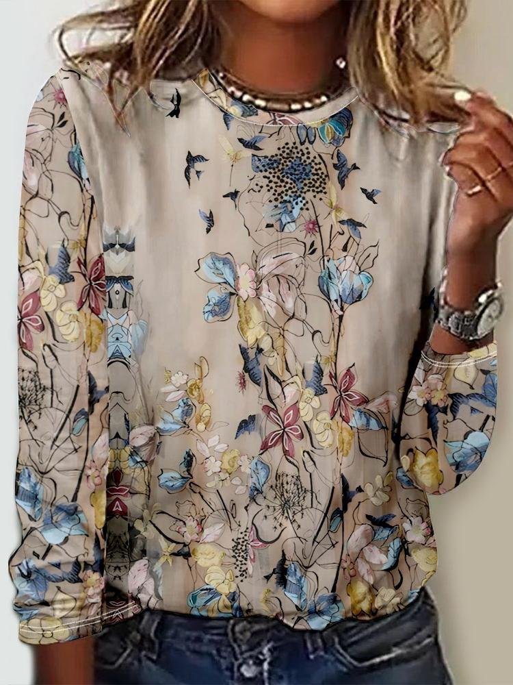 Casual Crew Neck Floral Loose T-Shirt