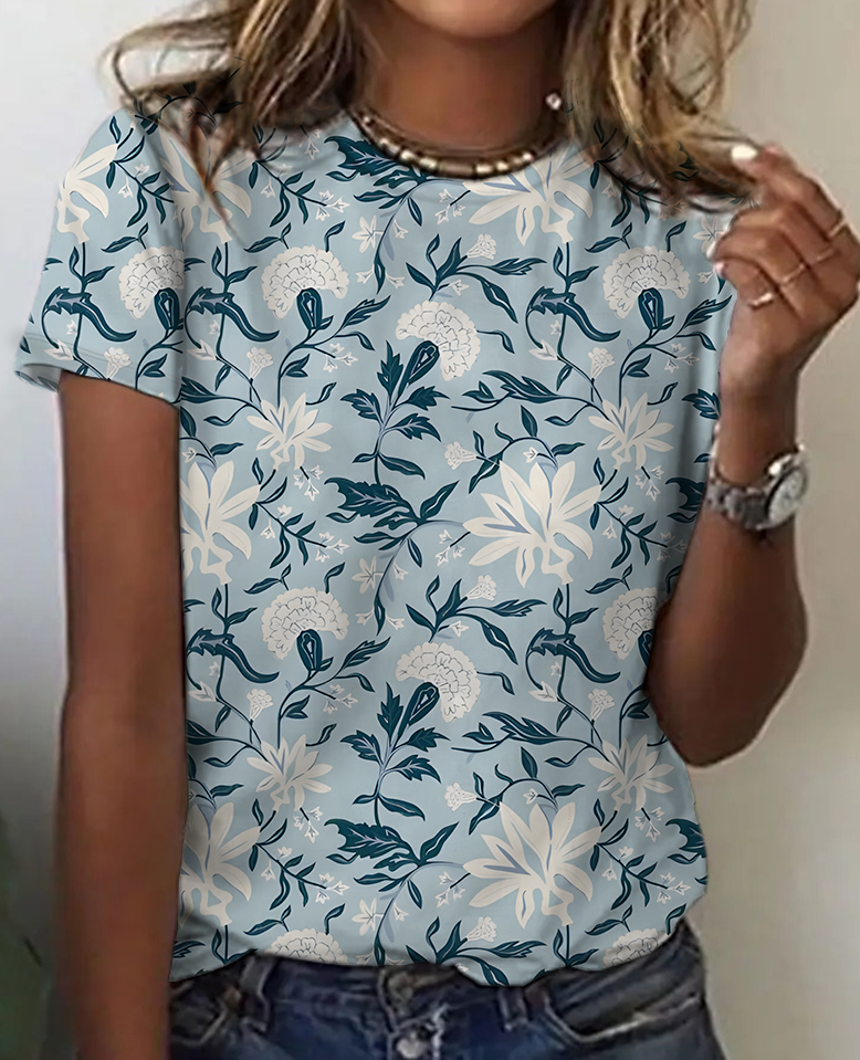 Floral Contrast Short-Sleeved Top Cotton T-Shirt