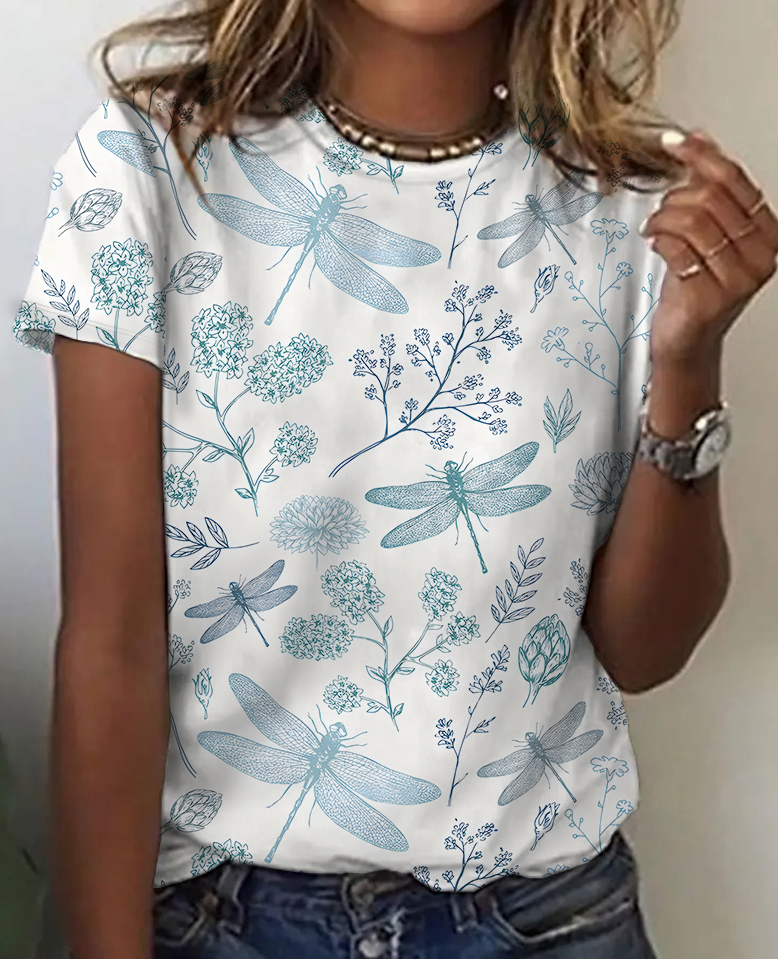 Dragonfly Floral Cotton T-Shirt