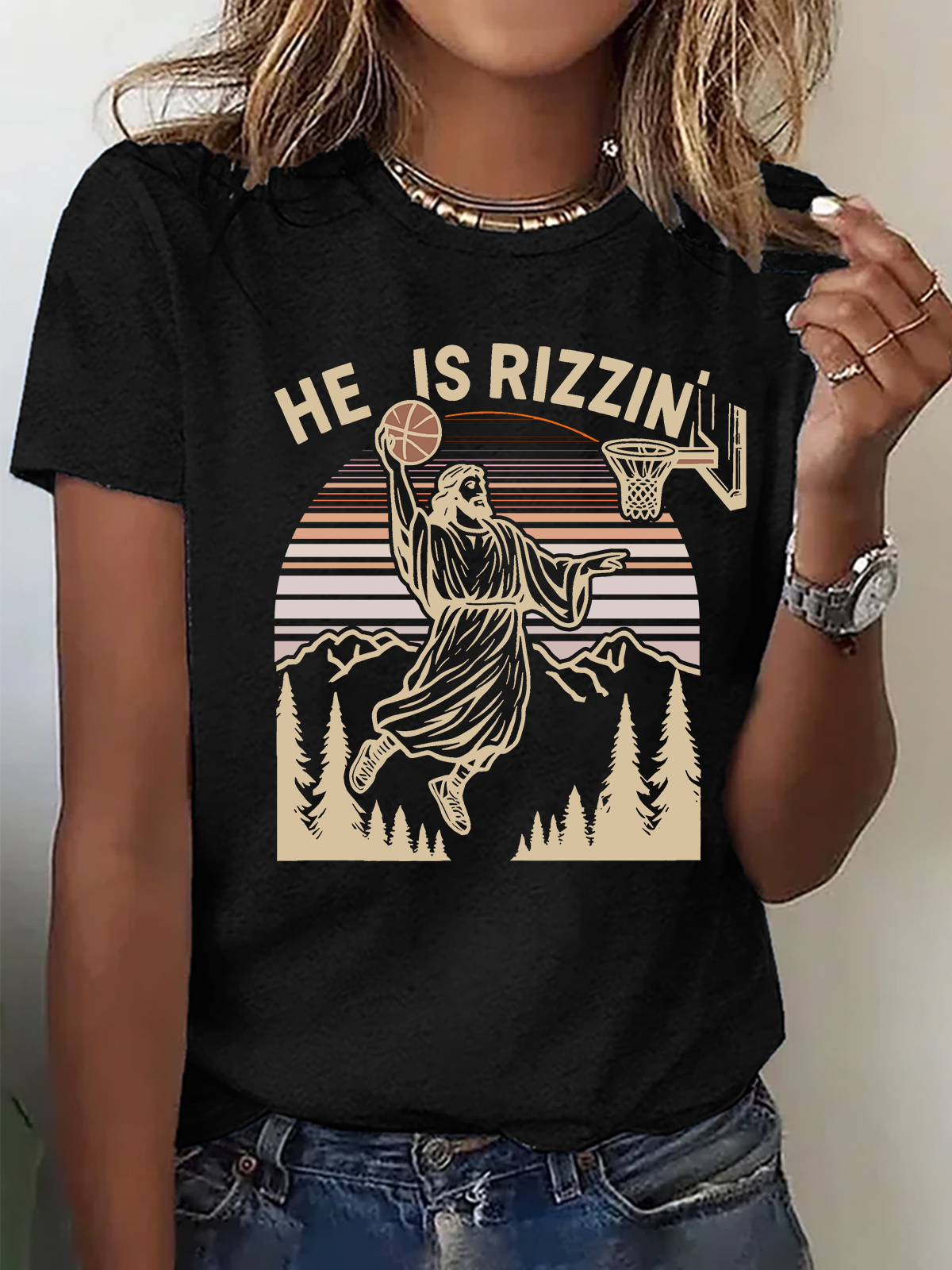 He Is Rizzin' Funny Jesus Playing Basketball Cotton T-Shirt