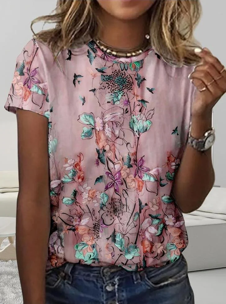 Loose Casual Crew Neck Floral T-Shirt