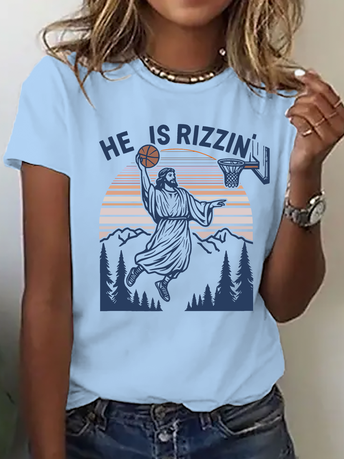 He Is Rizzin' Funny Jesus Playing Basketball Cotton T-Shirt