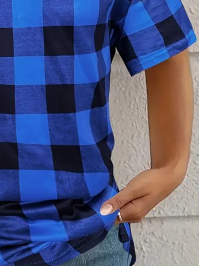Women's Plaid Print Fashion Casual V-Neck Short-Sleeved T-Shirt