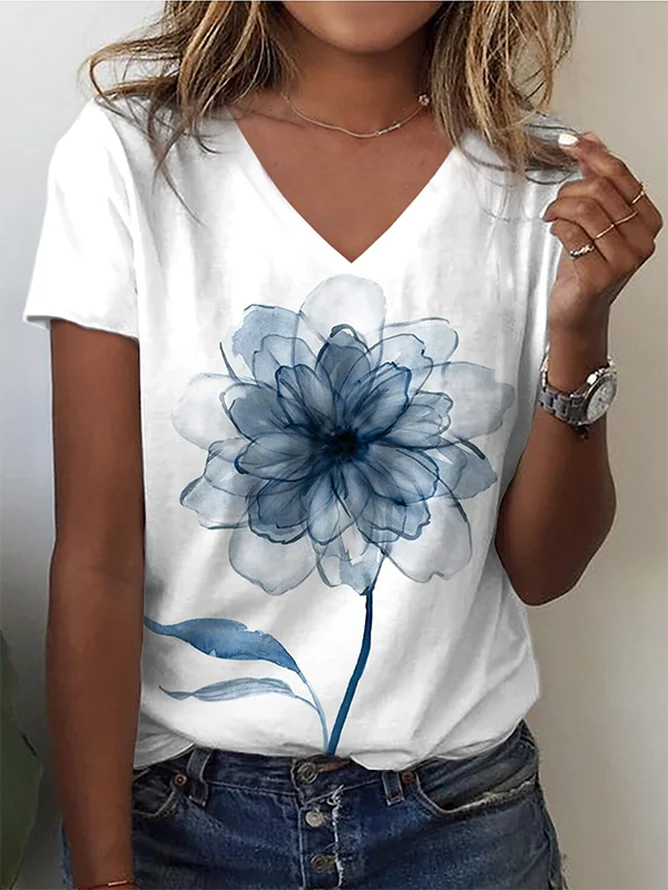 Print Casual V Neck Cotton Short Sleeve T-Shirt