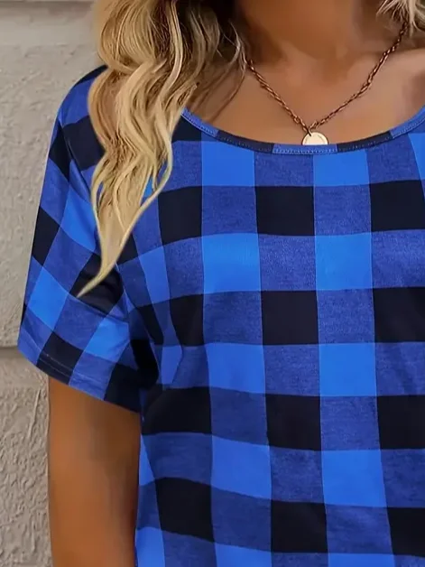 Women's Plaid Print Fashion Casual V-Neck Short-Sleeved T-Shirt