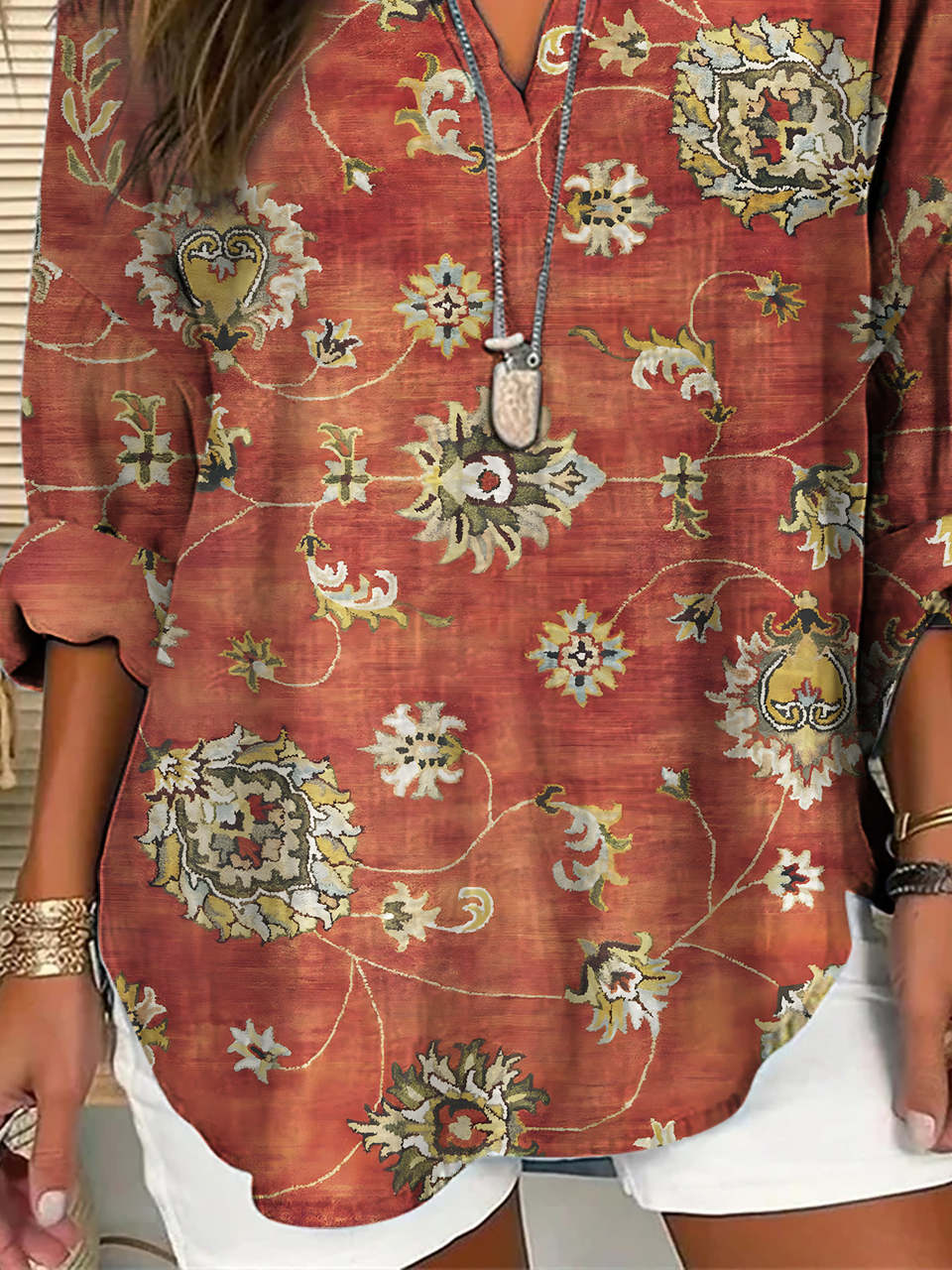 Women's Vintage Ethnic Art Floral Print V-Neck Shirt