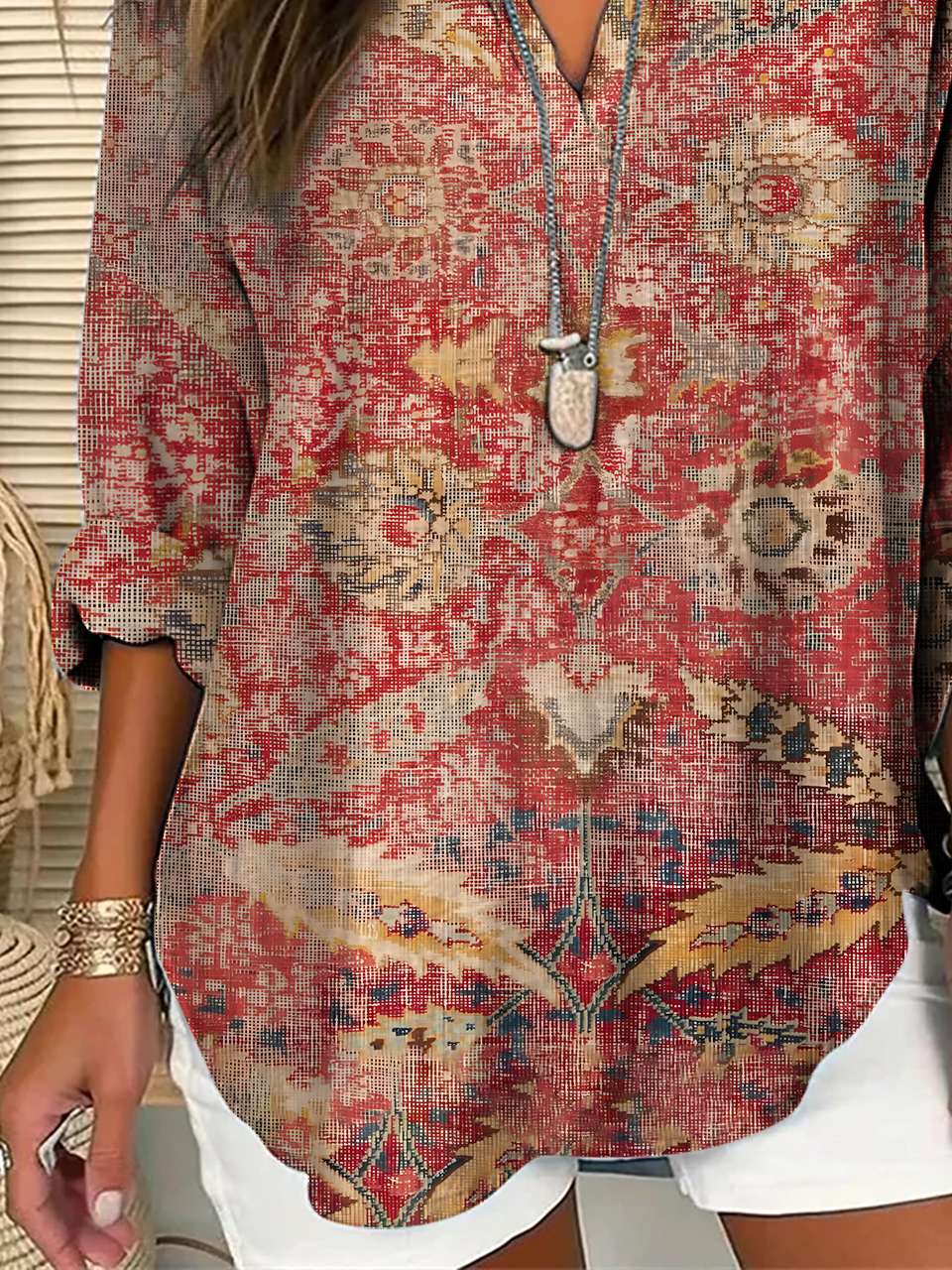 Women's Vintage Ethnic Art Floral Print V-Neck Shirt