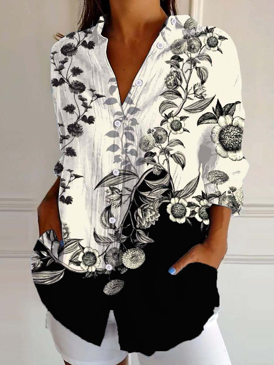 Black And White Colorblock Loose Casual Shirt